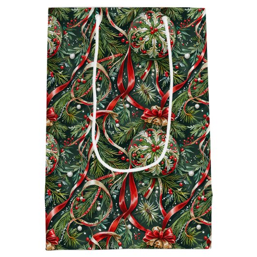 オーナメントのツリーとサテンリボン ミディアムペーパーバッグ (裏面)