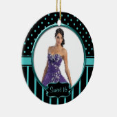 オーナメントのティール(緑がかった色)の黒のストライプの点の菓子16 セラミックオーナメント (右)