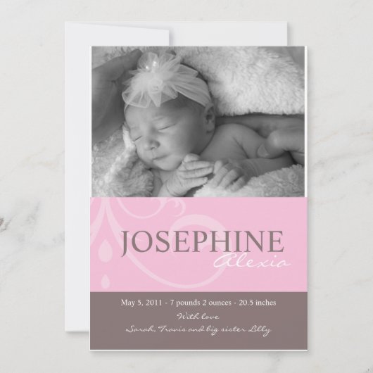 オーナメントのピンクのベビーの発表 案内状 (正面)