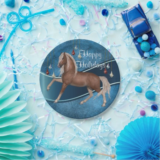 オーナメントの休日のプレートが付いている青の馬 ペーパープレート (パーティー)