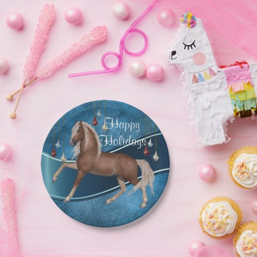 オーナメントの休日のプレートが付いている青の馬 ペーパープレート (パーティー)