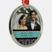 オーナメントの好意のティール(緑がかった色)の黒のダマスク織の結婚 メタルオーナメント (右)