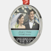 オーナメントの好意のティール(緑がかった色)の黒のダマスク織の結婚 メタルオーナメント (左)