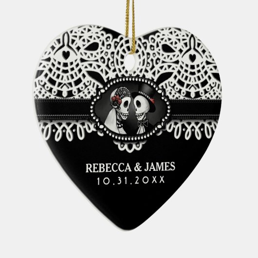オーナメントの白黒の骨組レースの名前の結婚 セラミックオーナメント (右)