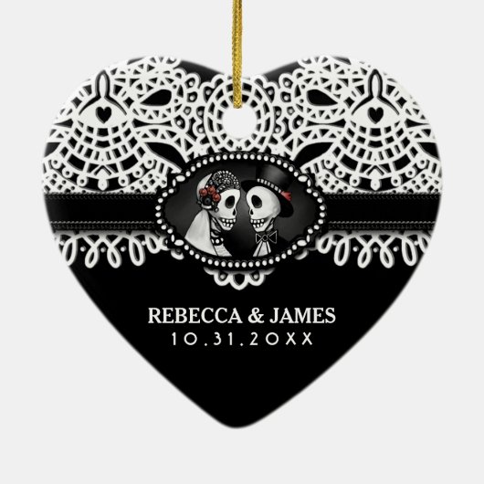 オーナメントの白黒の骨組レースの名前の結婚 セラミックオーナメント (裏面)