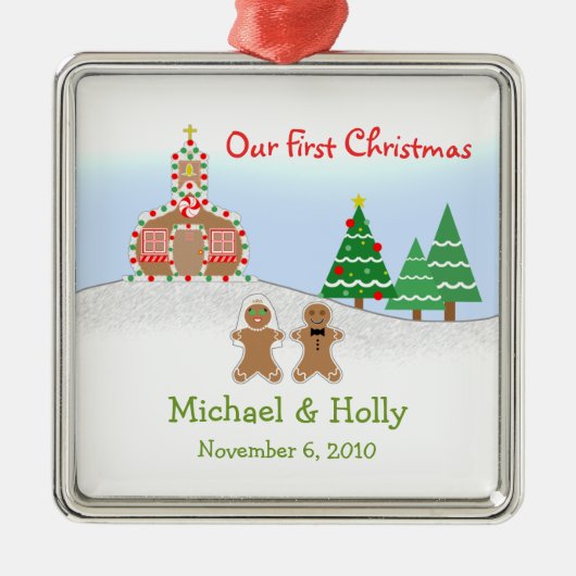 オーナメントを結婚します-ジンジャーブレッドの花嫁及び新郎 メタルオーナメント (正面)