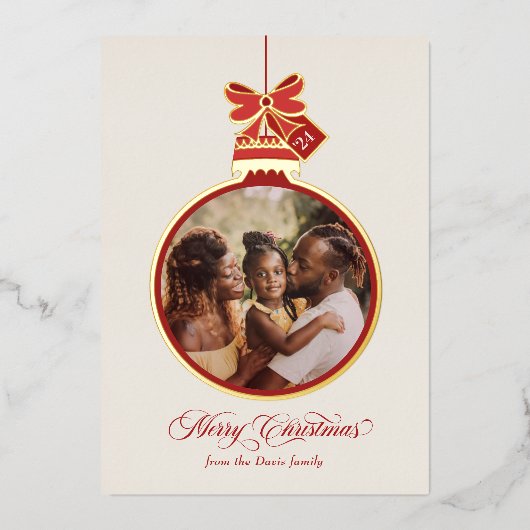 オーナメントエレガントメリークリスマスレッド金ゴールド写真 箔シーズンカード (正面)