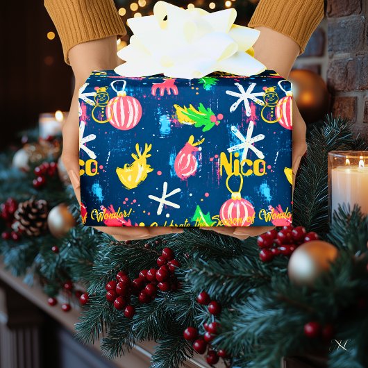 オーナメントカスタムとトナカイのクリスマス ラッピングペーパー