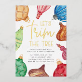 オーナメントカラフルクリスマスツリーのトリミングパーティー 箔招待状 (正面)