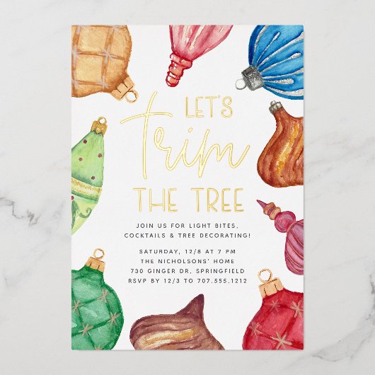 オーナメントカラフルクリスマスツリーのトリミングパーティー 箔招待状 (正面)