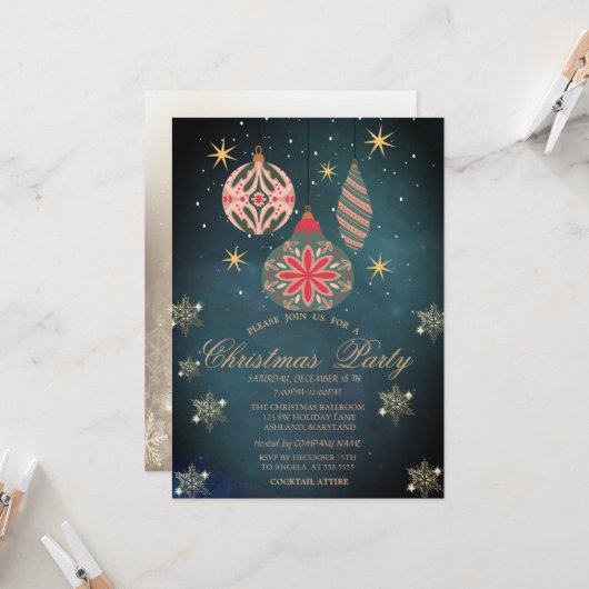 オーナメントカラフル、スノーフレーク会社 招待状 (正面/裏面インサイチュ)