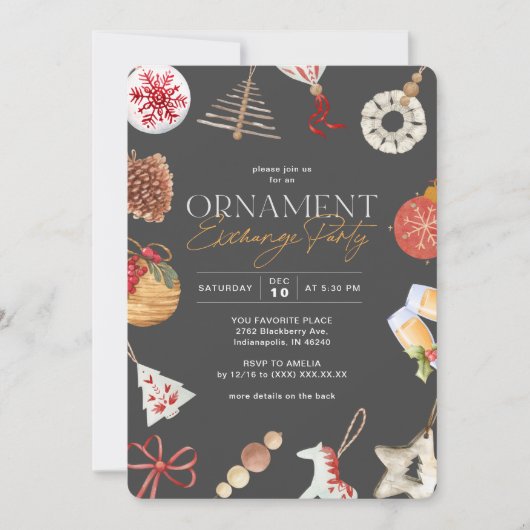 オーナメントギフト交換ホリデーパーティー 招待状 (正面)