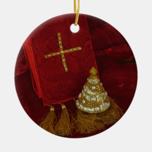 オーナメントクリスマスの宗教木のクロス信仰赤 セラミックオーナメント (正面)
