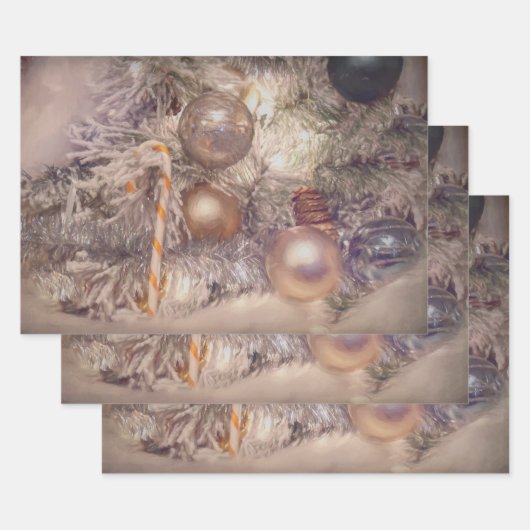 オーナメントクリスマス金ゴールドホワイトホリデーツリー ラッピングペーパーシート (セット)
