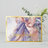 オーナメントサテンリボンエバーグリーンラベンダーピーチ 箔シーズンカード (立ち正面)