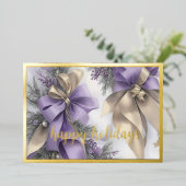 オーナメントサテンリボンエバーグリーンラベンダー金ゴールド 箔シーズンカード (立ち正面)