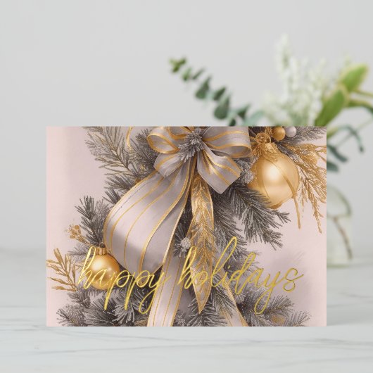 オーナメントサテンリボンフロックエバーグリーングレー金ゴールド 箔シーズンカード (立ち正面)