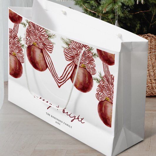 オーナメントストライプのクリスマスホリデーメリーブライト ラージペーパーバッグ