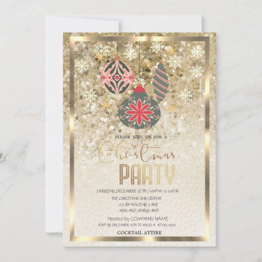 オーナメントスノーフレーク金ゴールド会社クリスマス 招待状 (正面)