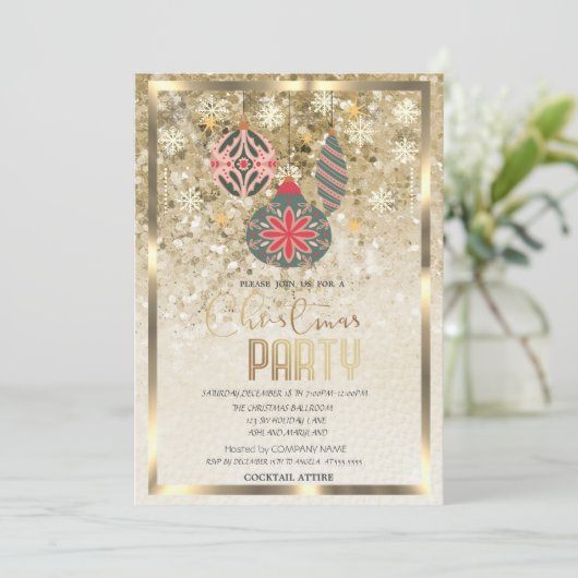 オーナメントスノーフレーク金ゴールド会社クリスマス 招待状 (スタンド正面)