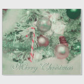 オーナメントズメリークリスマスグリーンピンクホリデイツリー ラッピングペーパー (フラット)