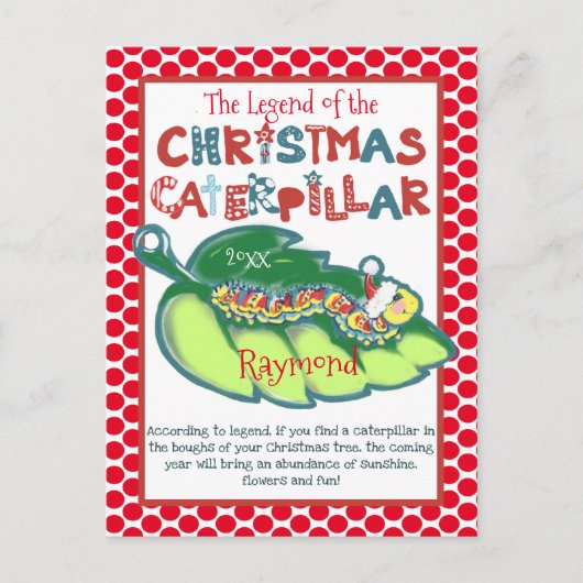 オーナメントパーソナライズされたクリスマスキャタピラーチャイルド シーズンポストカード (正面)