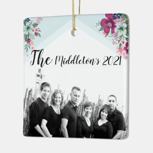 オーナメントパーソナライズされたトロピカルフラワーズオンブルーオム セラミックオーナメント (左)