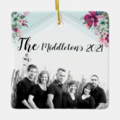 オーナメントパーソナライズされたトロピカルフラワーズオンブルーオム セラミックオーナメント (正面)