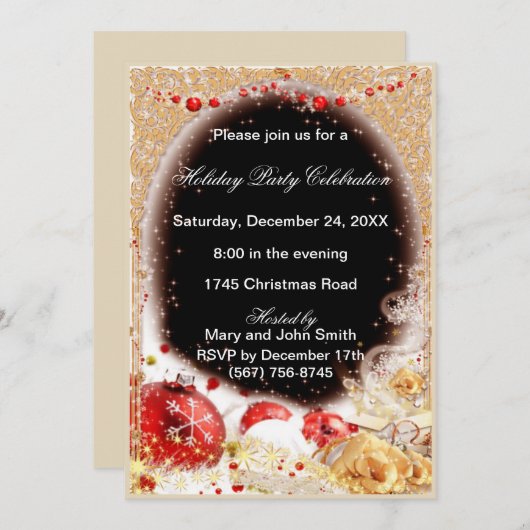 オーナメントフィリグラフレームクリスマスパーティー招待状 招待状 (正面/裏面)