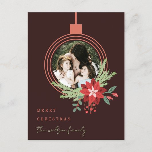 オーナメントフォトポインセチア茶メリークリスマス シーズンポストカード (正面)