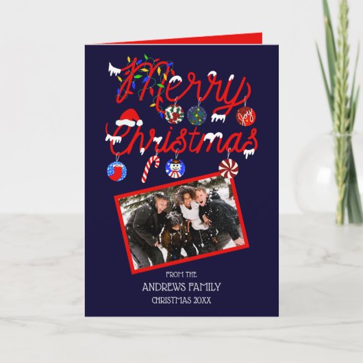 オーナメントライツスノーウェメリーイ写真クリスマス シーズンカード (正面)