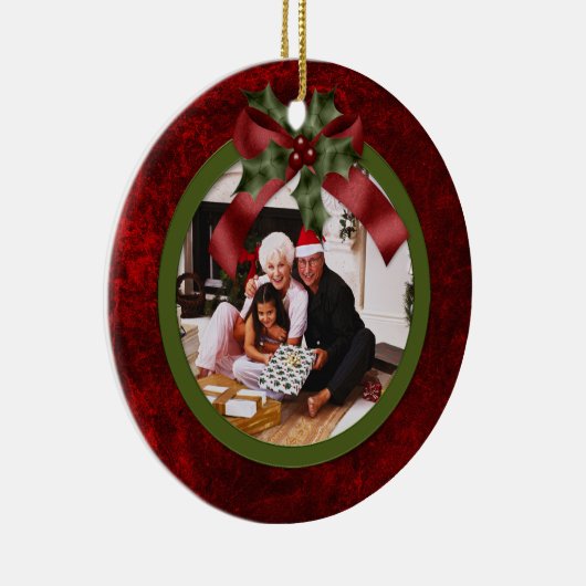 オーナメントレッドとグリーンホリーボウクリスマスフォト セラミックオーナメント (右)