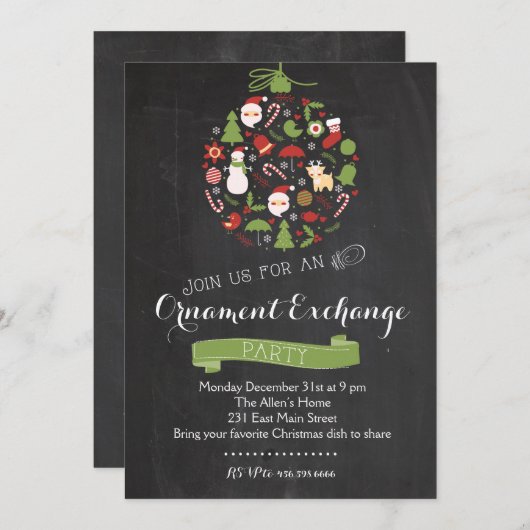オーナメント交換クリスマスのパーティの招待状 招待状 (正面/裏面)