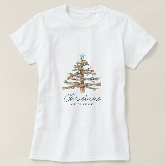 オーナメント付きのカントリー風クリスマスツリー Tシャツ (デザイン正面)