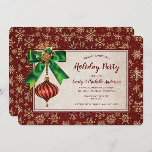 オーナメント&エレガント金ゴールドグリッターホリデーパーティー 招待状 (正面/裏面)