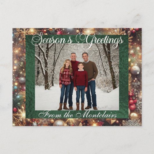 オーナメント、シルバースクリプト&フレーム写真 – 緑 シーズンポストカード (正面)