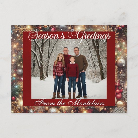 オーナメント、シルバースクリプト&フレーム写真 – 赤 シーズンポストカード (正面)