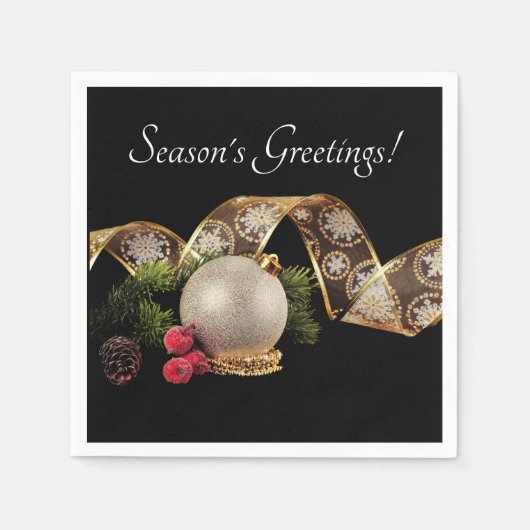 オーナメント、常緑とゴールドのリボン スタンダードカクテルナプキン (正面)