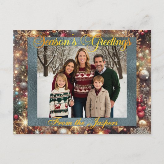 オーナメント、金ゴールドスクリプト&フレーム写真 – シルバー シーズンポストカード (正面)