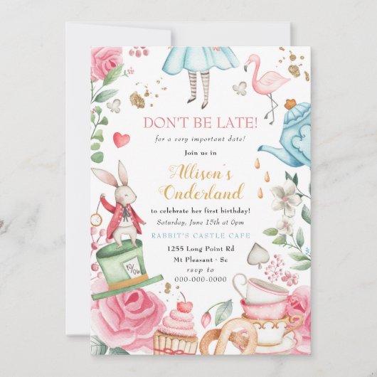 オーネダーランドティーバースデーパーティーガールファースト誕生日 招待状 (正面)