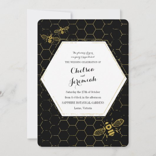 オーハニービーブラック金ゴールドカスタムウェディング 招待状 (正面)