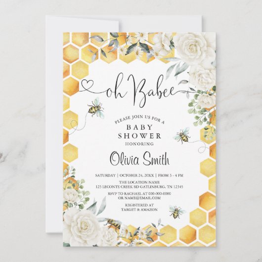 オーバビービーホワイトフローラベビーシャワー招待状 招待状 (正面)