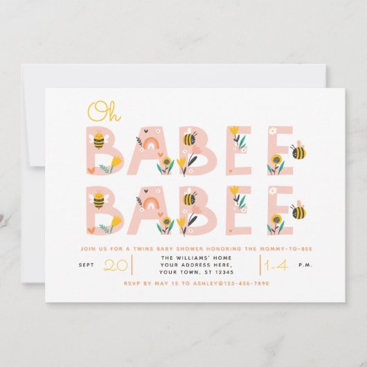 オーバベベビーイエローツインベビーシャワー招待状 招待状 (正面)