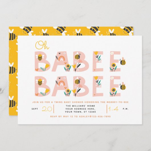 オーバベベビーイエローツインベビーシャワー招待状 招待状 (正面/裏面)