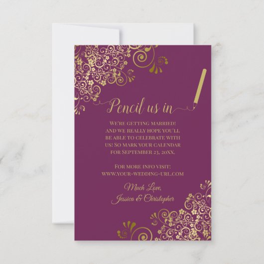 オーバルエレガントフォト金ゴールド&マゼンタパープル結婚ズ セーブザデート (裏面)