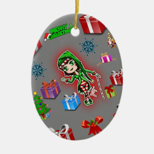 オーバルクリスマス飾り白小妖精や小人 セラミックオーナメント (正面)