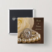 オーバルダイヤモンドリングや輪とホワイトローズ結婚ズ 缶バッジ (正面&裏面)