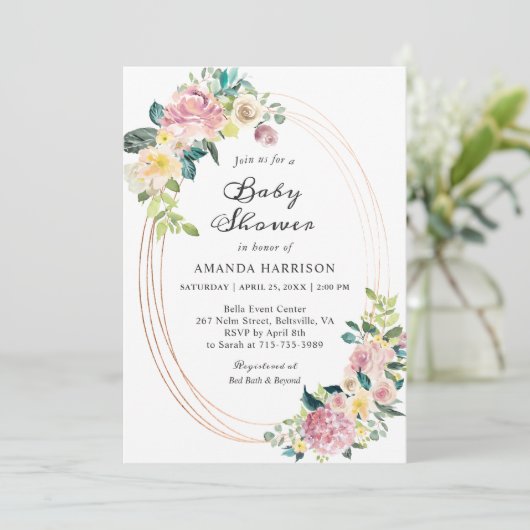 オーバルモダンフレームパステル赤面フローラベビーシャワー 招待状 (スタンド正面)