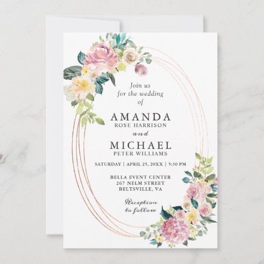 オーバルモダンフレームパステル赤面フローラ結婚ズ 招待状 (正面)