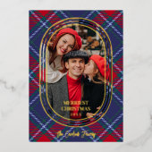 オーバルモダンブルーレッドクリスマスタータンチェックフォートファミリー 箔シーズンカード (正面)